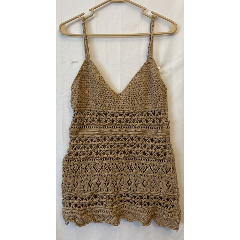 Y2K Moda International Crochet Sleeveless Tank Top Womens Brown Tan Festival‎